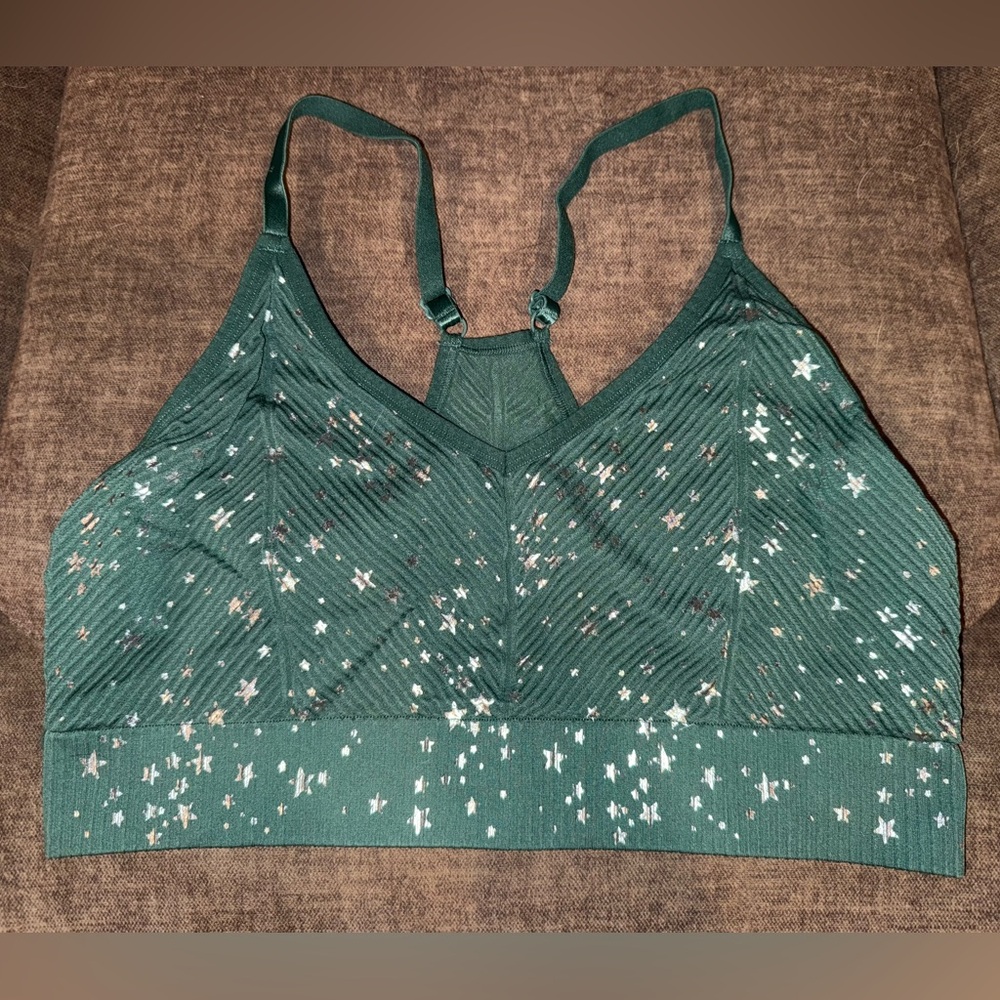 PINK Active Ribbed Bra Top Seamless Lightly Lined Green Sparkle Stretch Size XXL